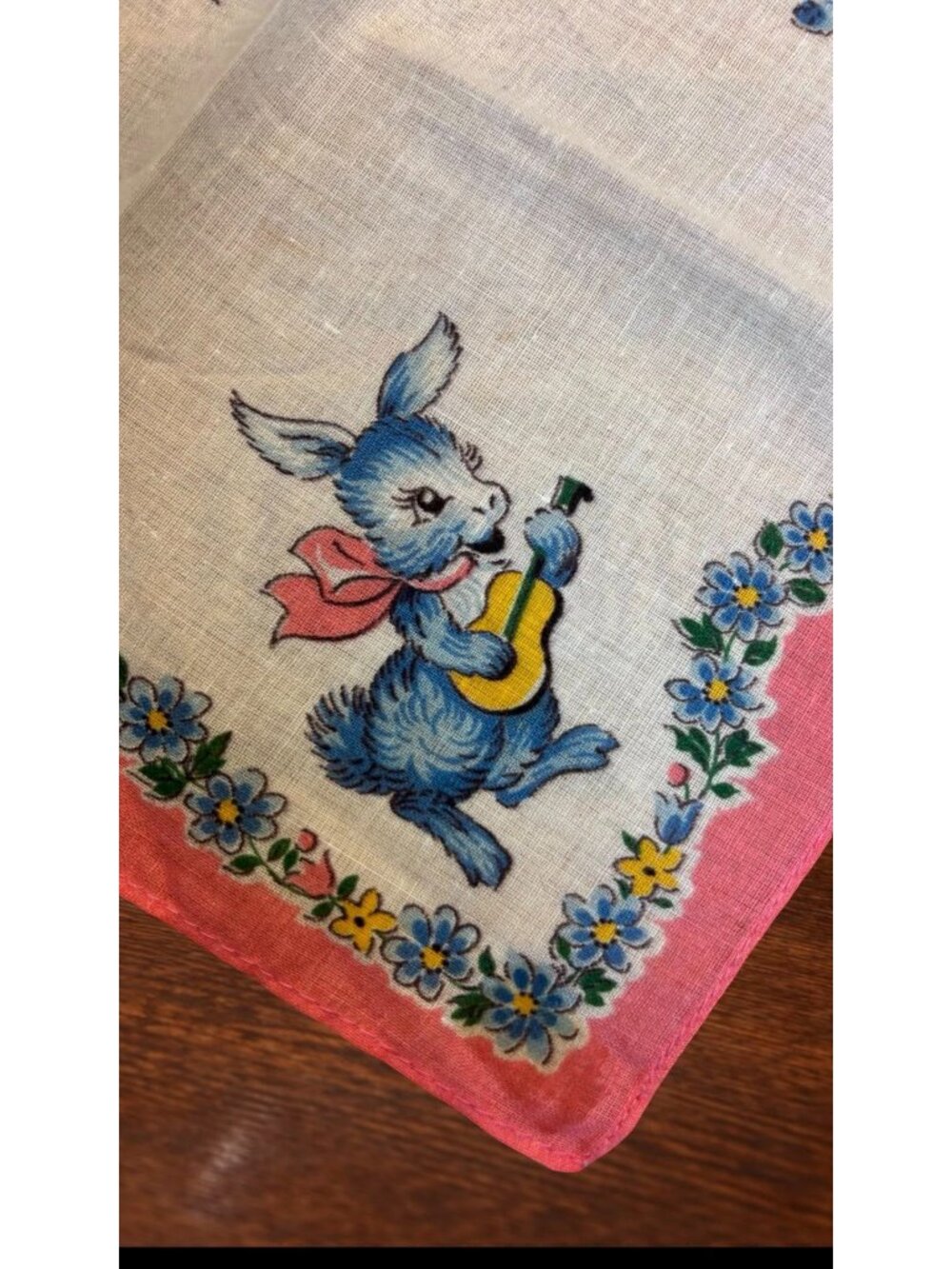 Vintage Kids Handkerchief With Blue Bunny Design & Pink Floral Border - Picture 3 of 5